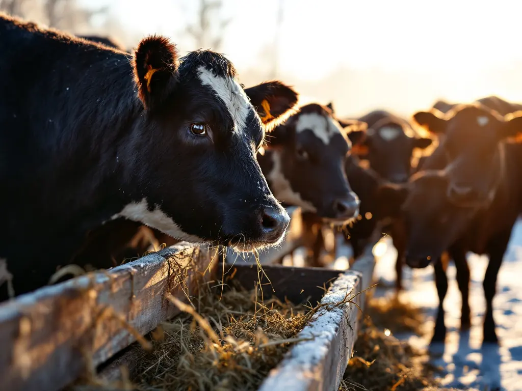 Black and white-faced cattle eating hay from a wooden feeder on a frosty morning