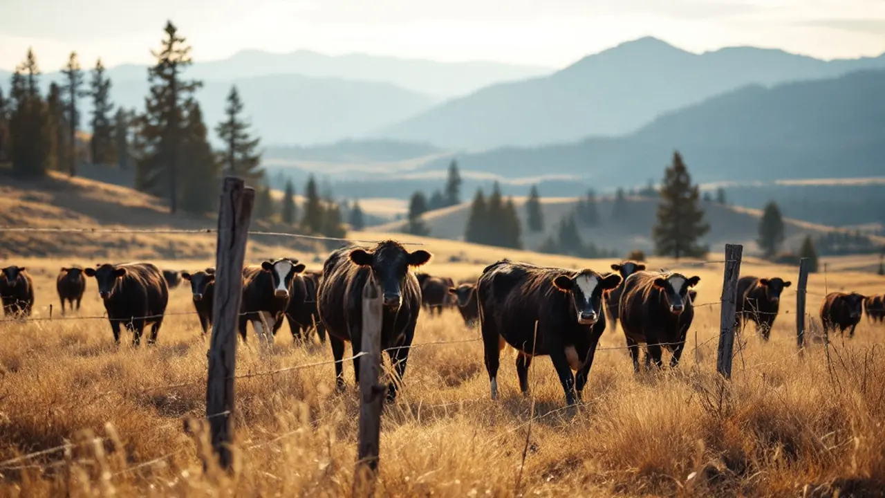 Black cattle grazing dry golden rangeland on the ranch, hills and pines behind them