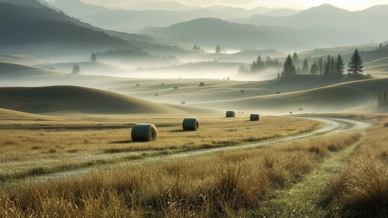 Round hay bales on rolling pasture with morning mist in the valley and a dirt road curving away